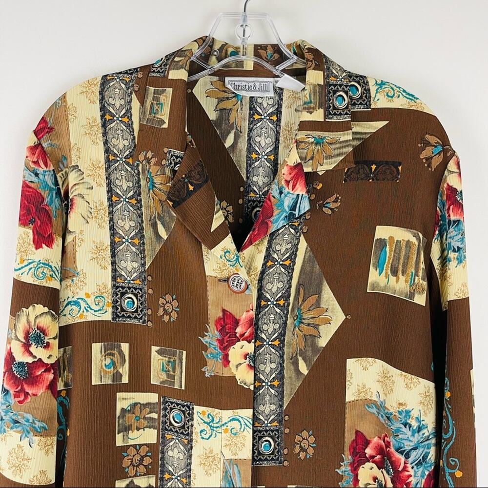 Vintage brown cream red floral roses 80s 90s button front shirt top large - Picture 2 of 9